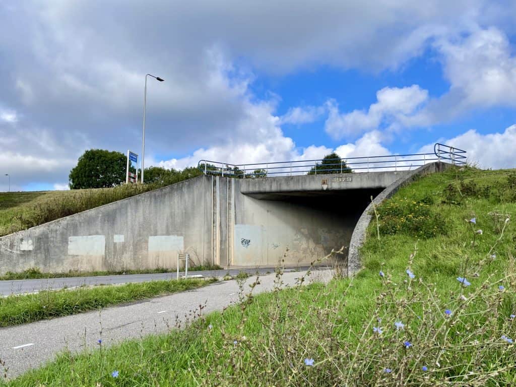 Gelders Eiland onder een blauwe hemel met wolken, met een onderdoorgang en groene omgeving.