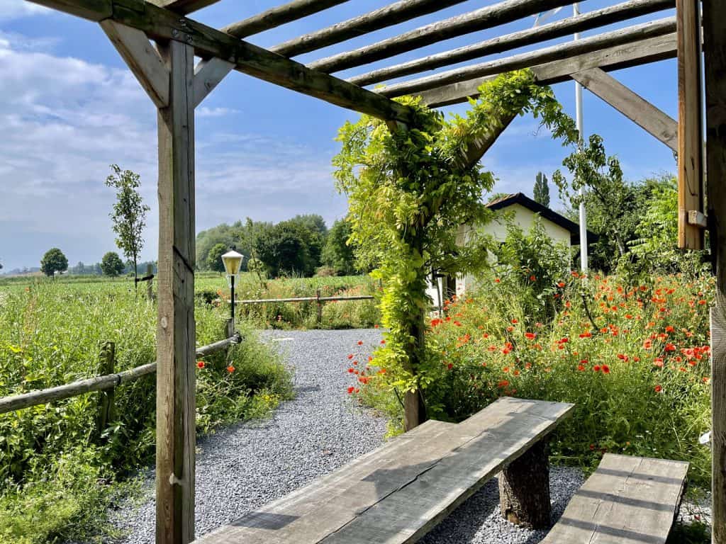 Rustige tuin met pergola, bloemen en wandelpad op 't Gelders Eiland.