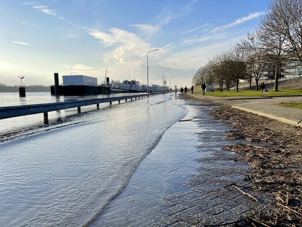 Uitzicht op de promenade langs 't Gelders Eiland met water, wandelende mensen en bomen.