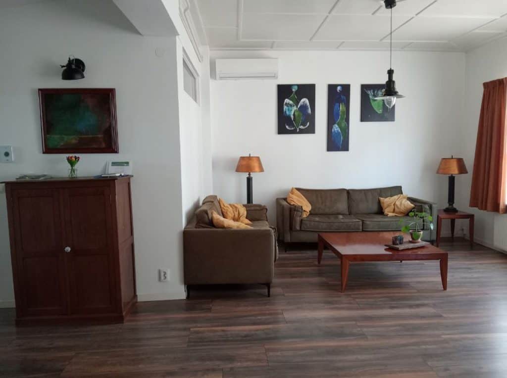 Gezellige woonkamer met bank, tafels en kunst aan de muur in 't Gelders Eiland.