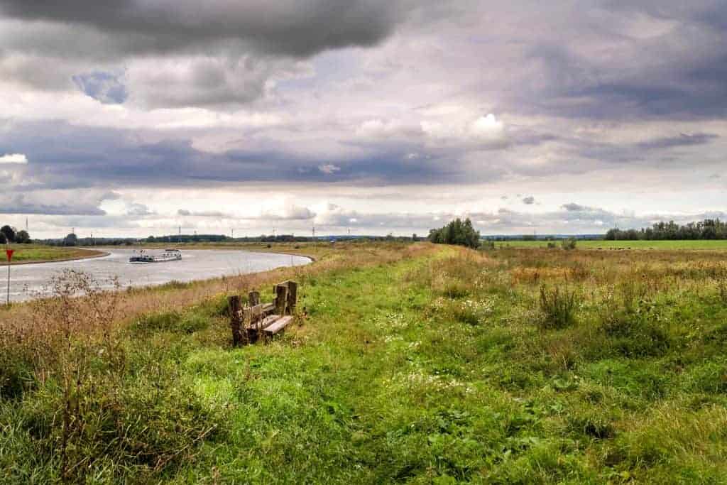 Natuurlijke rivieroevers en grasland op 't Gelders Eiland onder bewolkte hemel.
