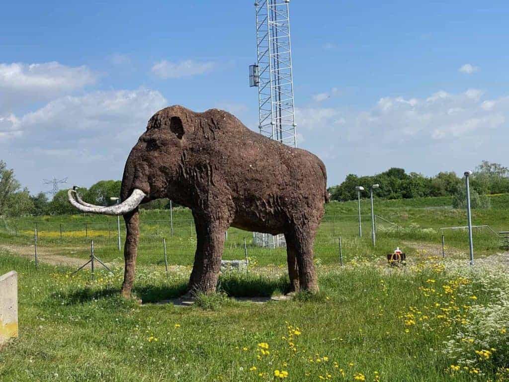 Olifantenbeeld op 't Gelders Eiland, grote roestige sculptuur in groene omgeving met blauwe lucht.
