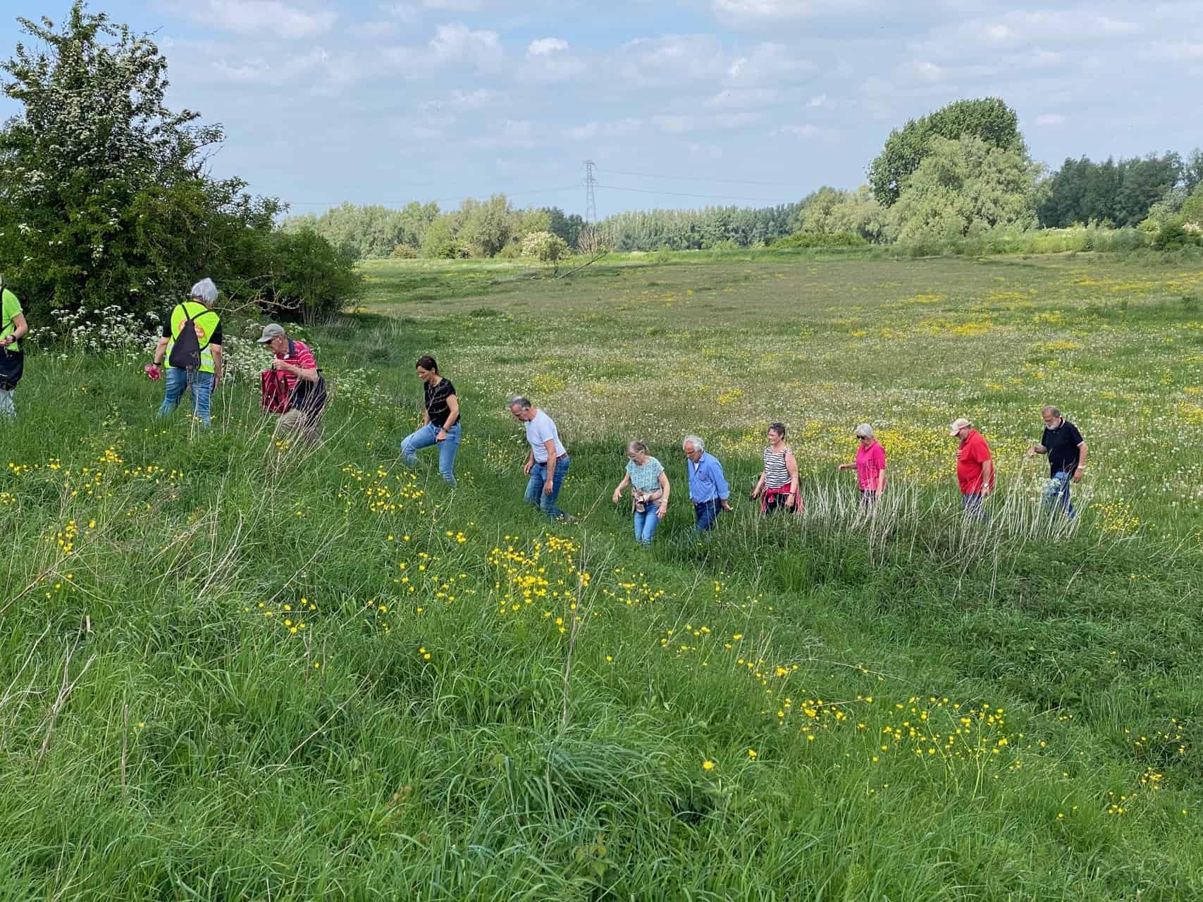Gezellige groep wandelaars op 't Gelders Eiland genieten van de natuur en het landschap.