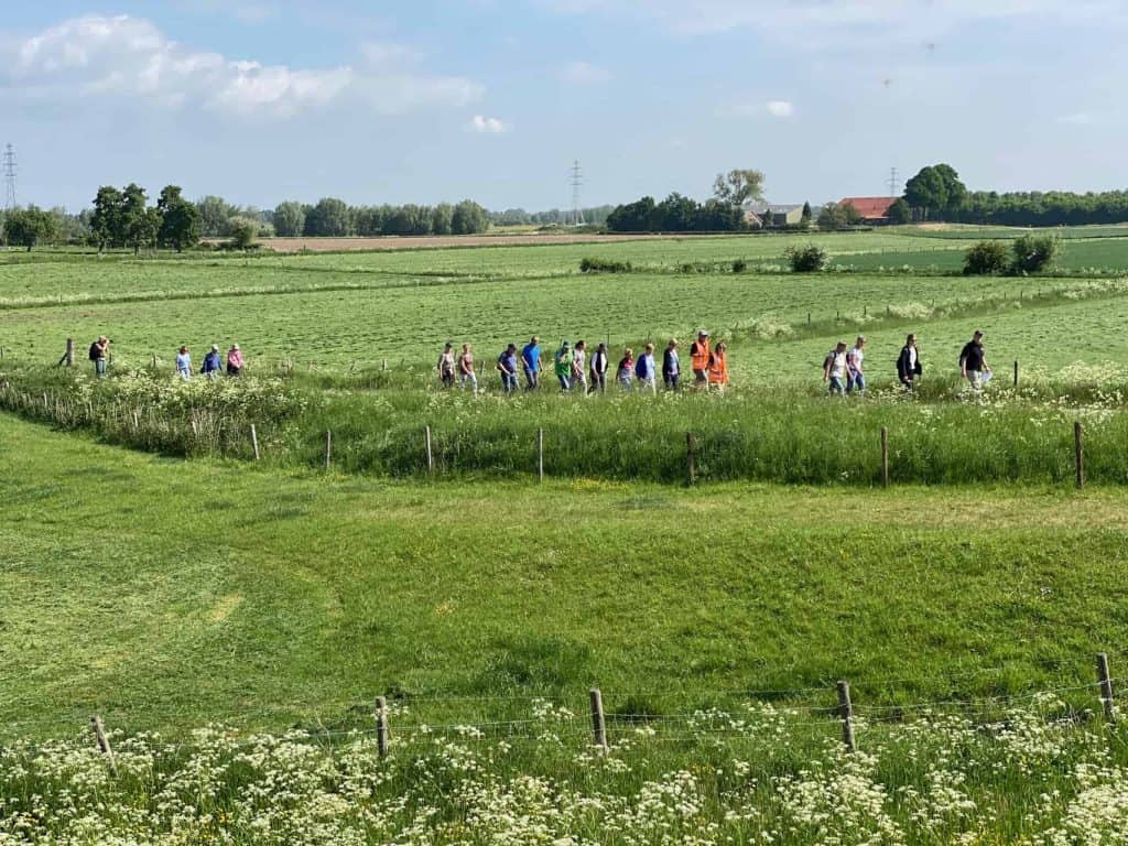 Een groep wandelaars op 't Gelders Eiland geniet van een groene landelijke omgeving.