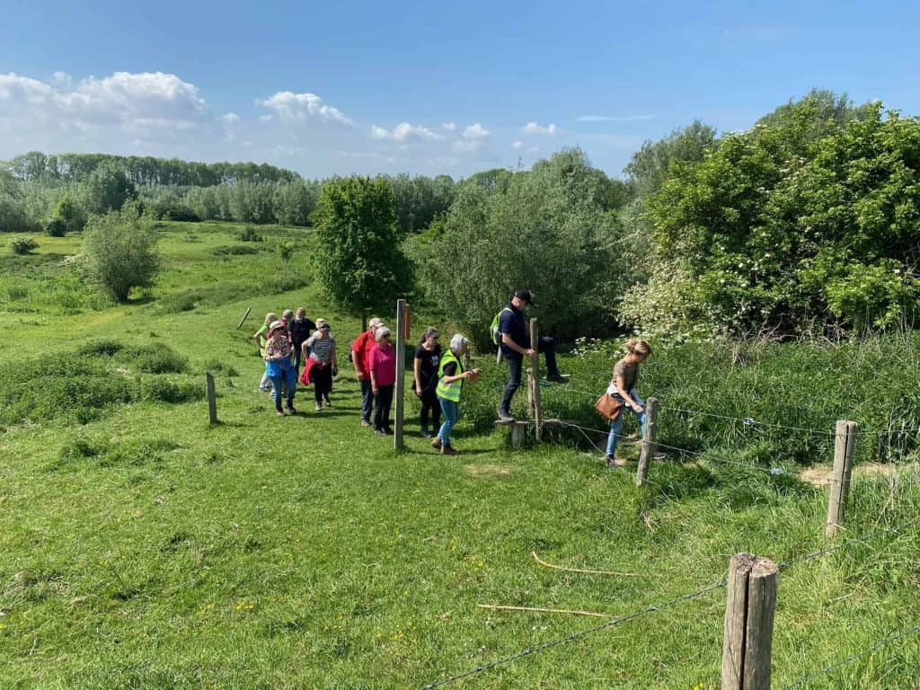 Natuurlijke wandeling op 't Gelders Eiland met groep mensen in groene omgeving.
