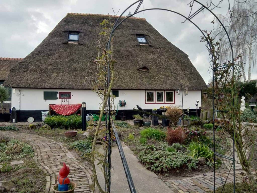Gezellig traditioneel huis met rieten dak op 't Gelders Eiland, omgeven door een tuin en tuinpad.