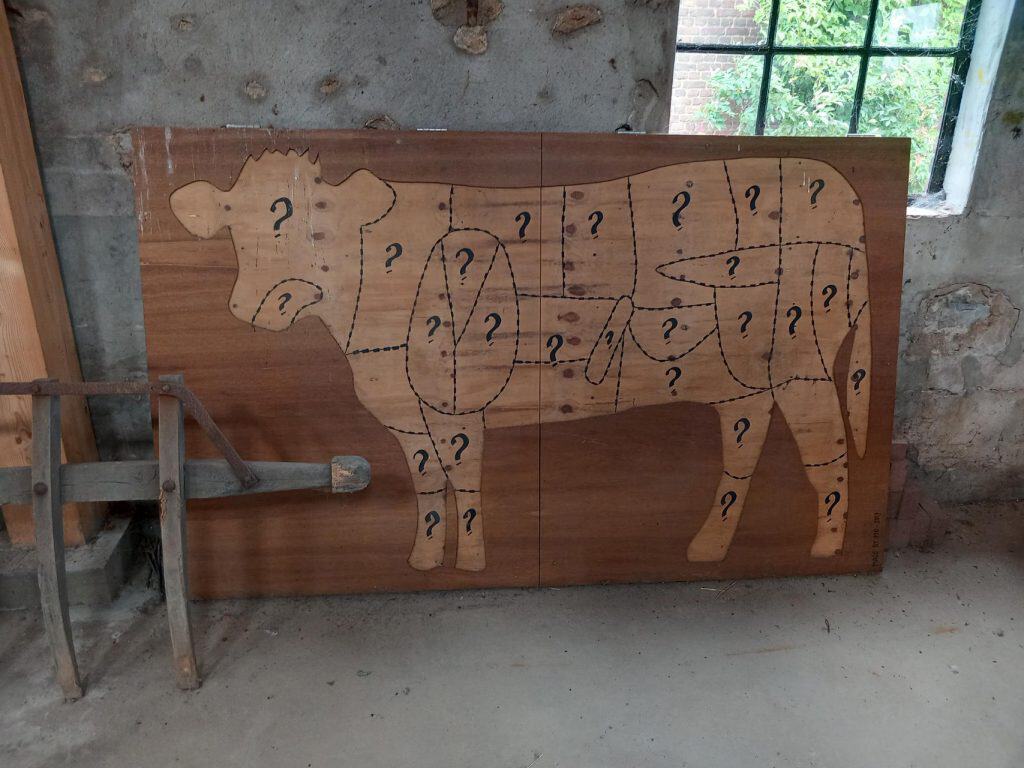 Raamtekening van een koe met vraagtekens op 't Gelders Eiland, symboliseert mysterie en lokale cultu.