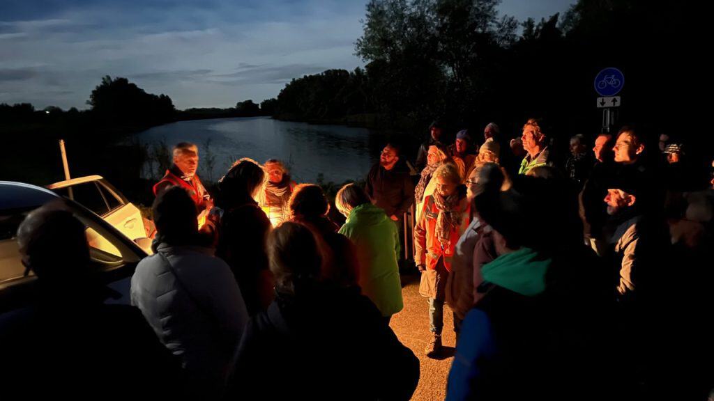 Havenrondvaart op 't Gelders Eiland bij zonsondergang met groep toeristen en gids.