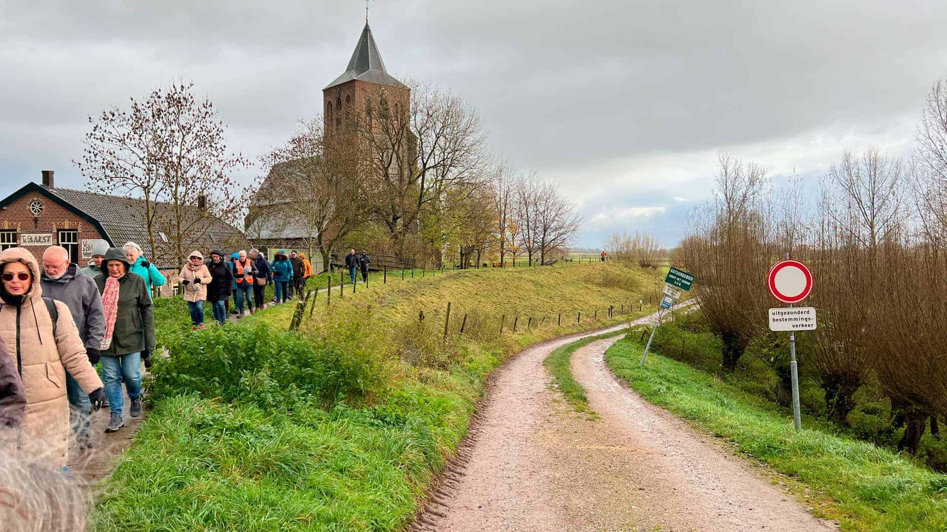 Honderden wandelaars op pad langs de rivier op ’t Gelders Eiland, met een historische kerk op de ach.