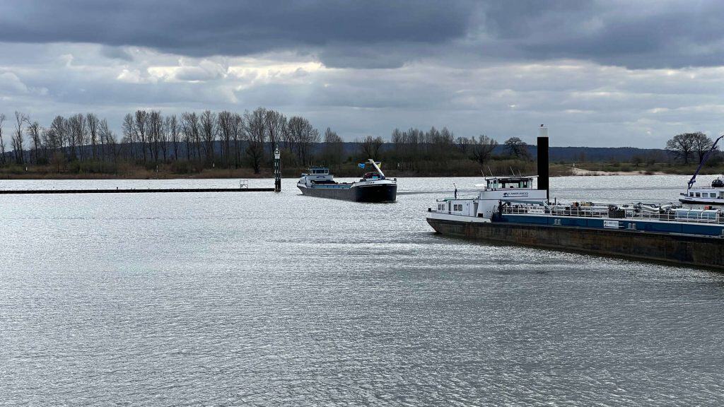 Zeegezicht op 't Gelders Eiland met schepen onder een bewolkte hemel.