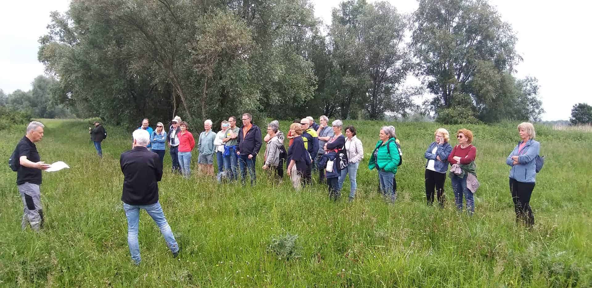 Zicht op groep wandelaars op 't Gelders Eiland in een groen landschap.
