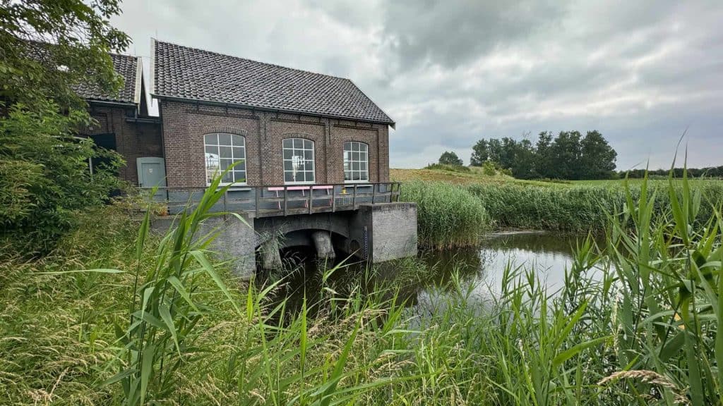 Korenmolen op 't Gelders Eiland met water en groene omgeving.