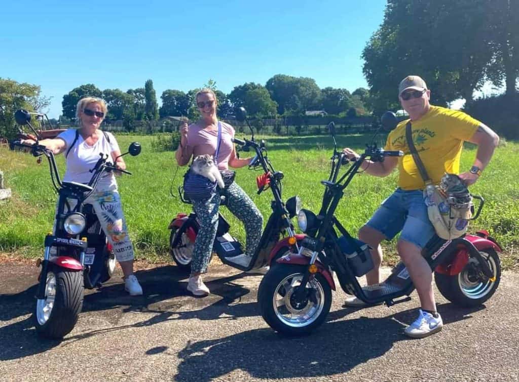 Drie vrienden op elektrische scooters genieten van een zonnige dag op 't Gelders Eiland.