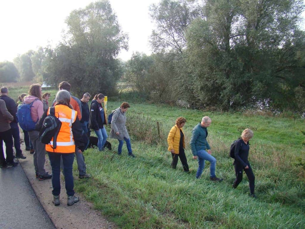 Wandelgroep op 't Gelders Eiland langs de rivier in de natuur, herfstkleuren en groene omgeving.