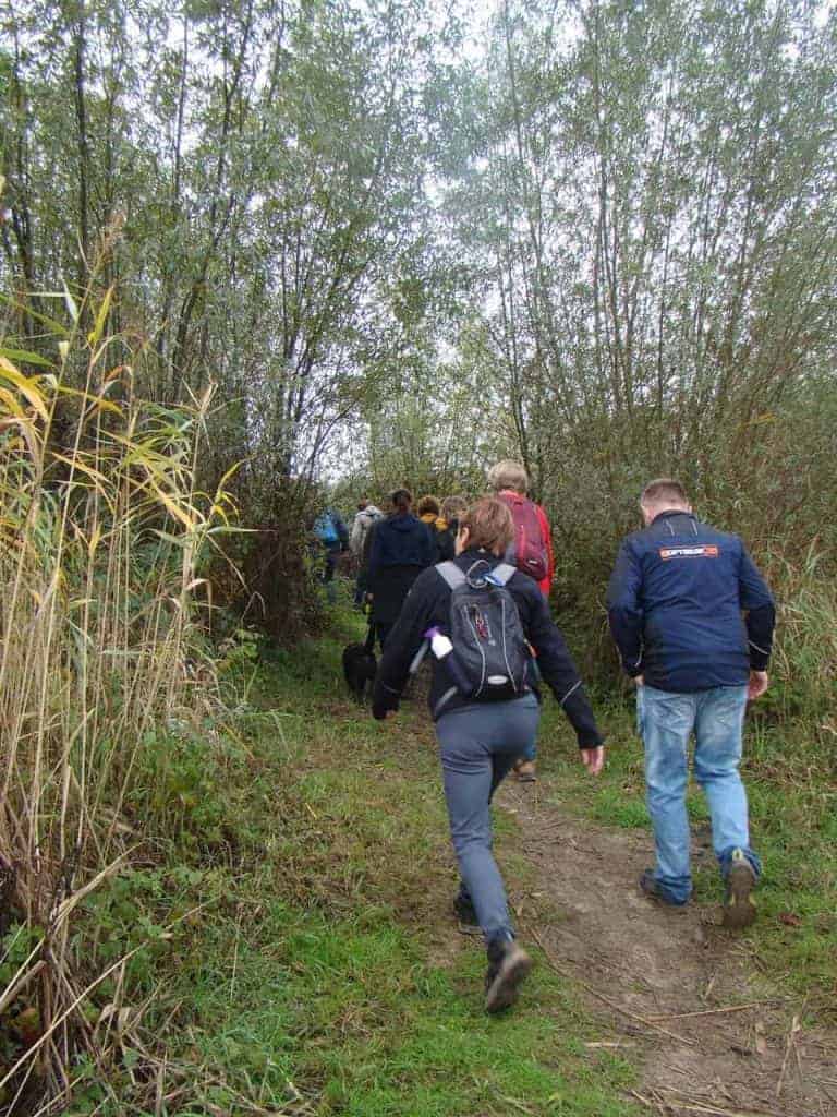 Wandelaars op een boswandeling op 't Gelders Eiland in de natuur.