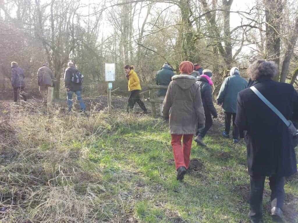 Groep wandelaars op pad door de natuur op 't Gelders Eiland in de lente.