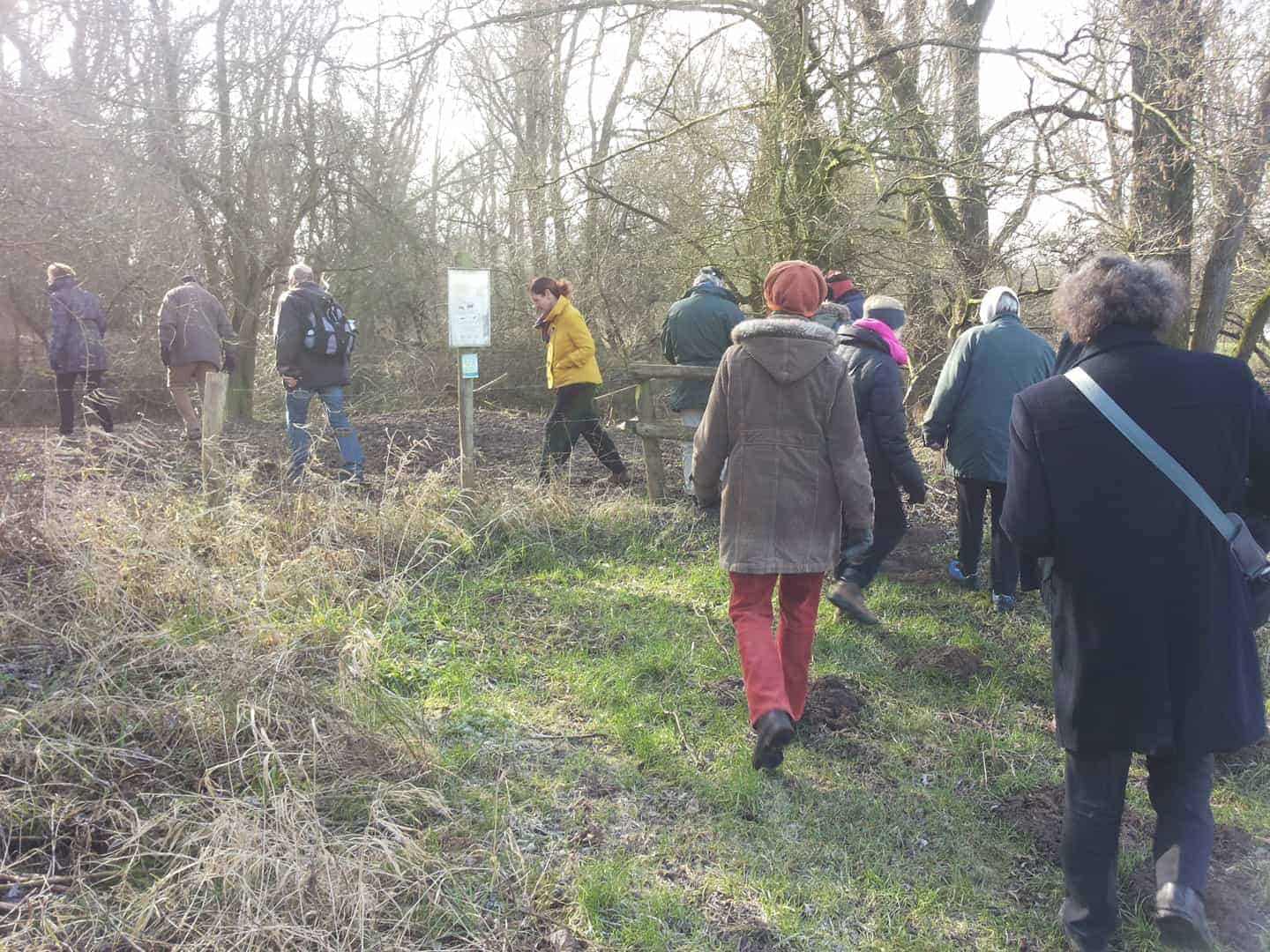 Groep wandelaars op pad door de natuur op 't Gelders Eiland in de lente.