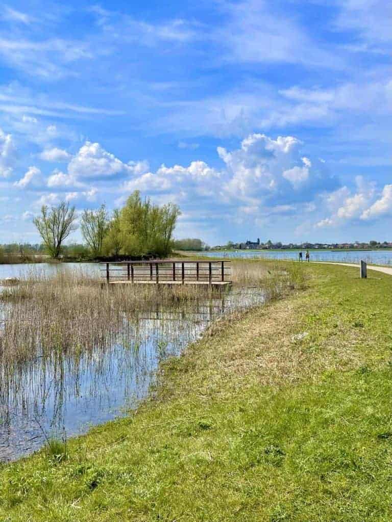 Zicht op 't Gelders Eiland met gras, water en blauwe lucht met wolken.