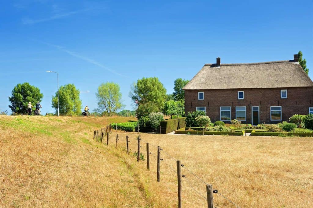 Traditioneel huis op 't Gelders Eiland met groene omgeving en helder blauwe lucht.