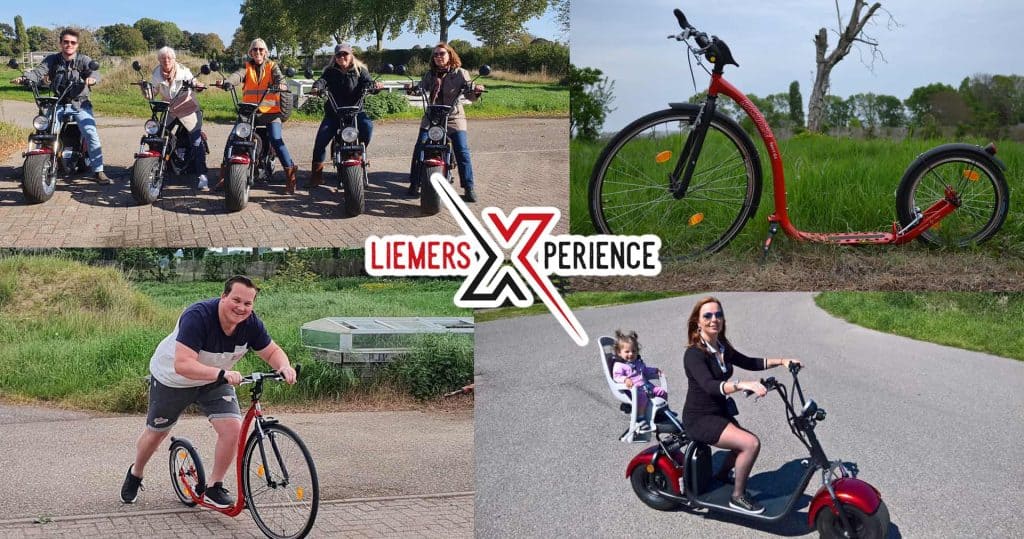 Groepsfoto met mensen die fietsen en een elektrische scooter op 't Gelders Eiland.