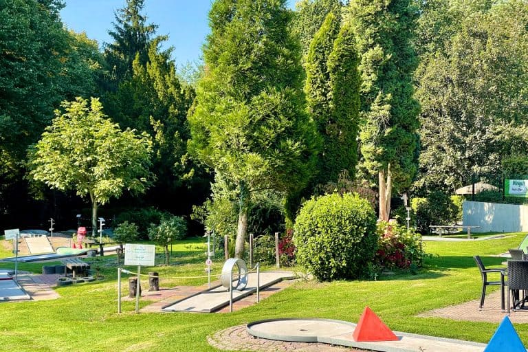 Gezellig minigolfterrein op 't Gelders Eiland met groene bomen en speelelementen.