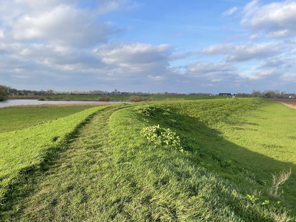 Uitzicht op groene weilanden en water op 't Gelders Eiland, Nederland.