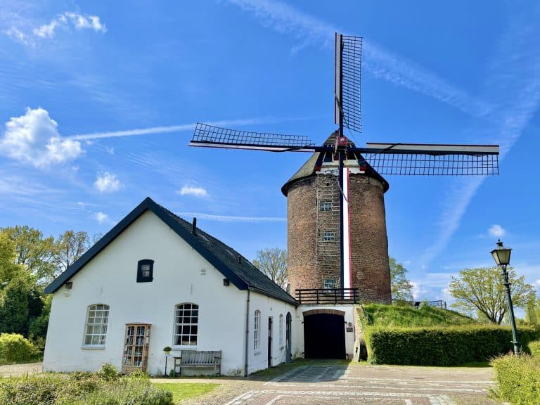 Korenmolen op 't Gelders Eiland onder een heldere blauwe hemel met windrichting en groene omgeving.