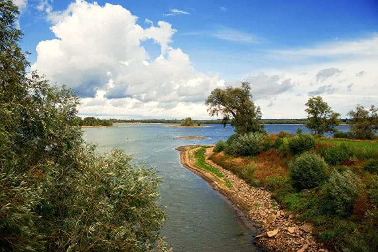 Gelders Eiland landschap met rivier en bomen, onder een partly bewolkte hemel, ideaal voor natuurlie.