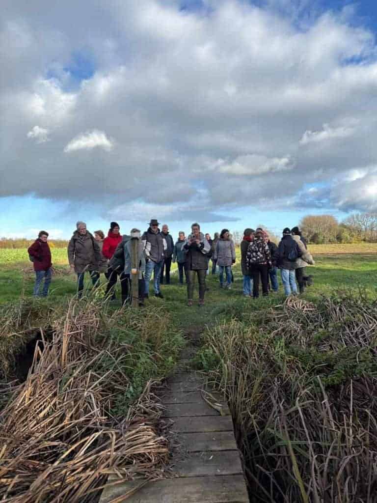 Landschap op 't Gelders Eiland met groep wandelaars onder een bewolkte hemel.