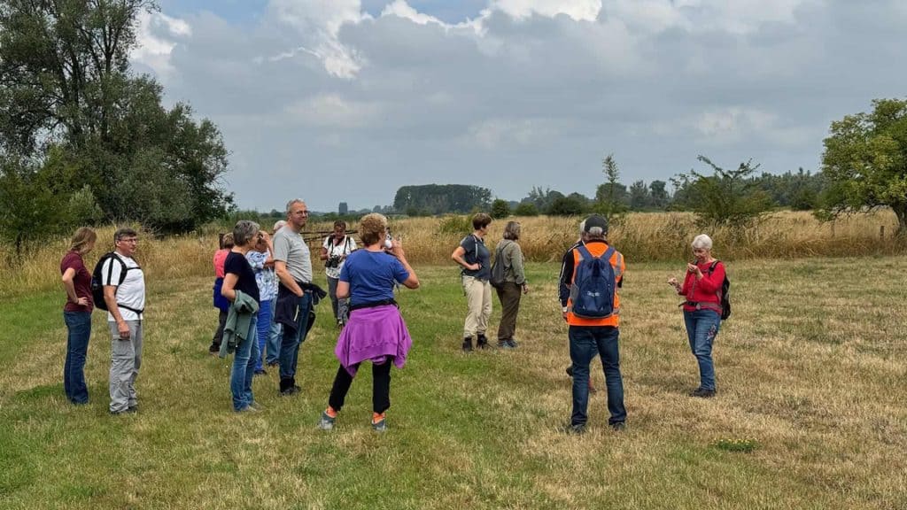Wandelgroep op 't Gelders Eiland in een open veld met bomen en gras, genieten van de natuur.