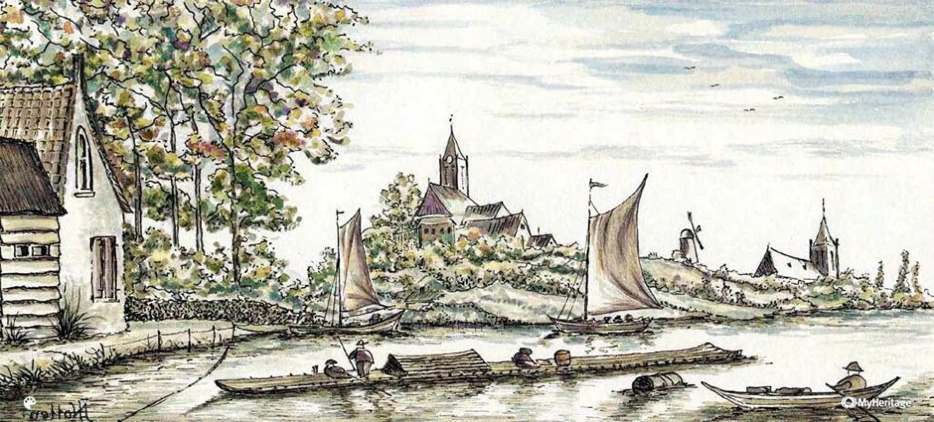 Uitzicht op water met boten en kerktoren op achtergrond.