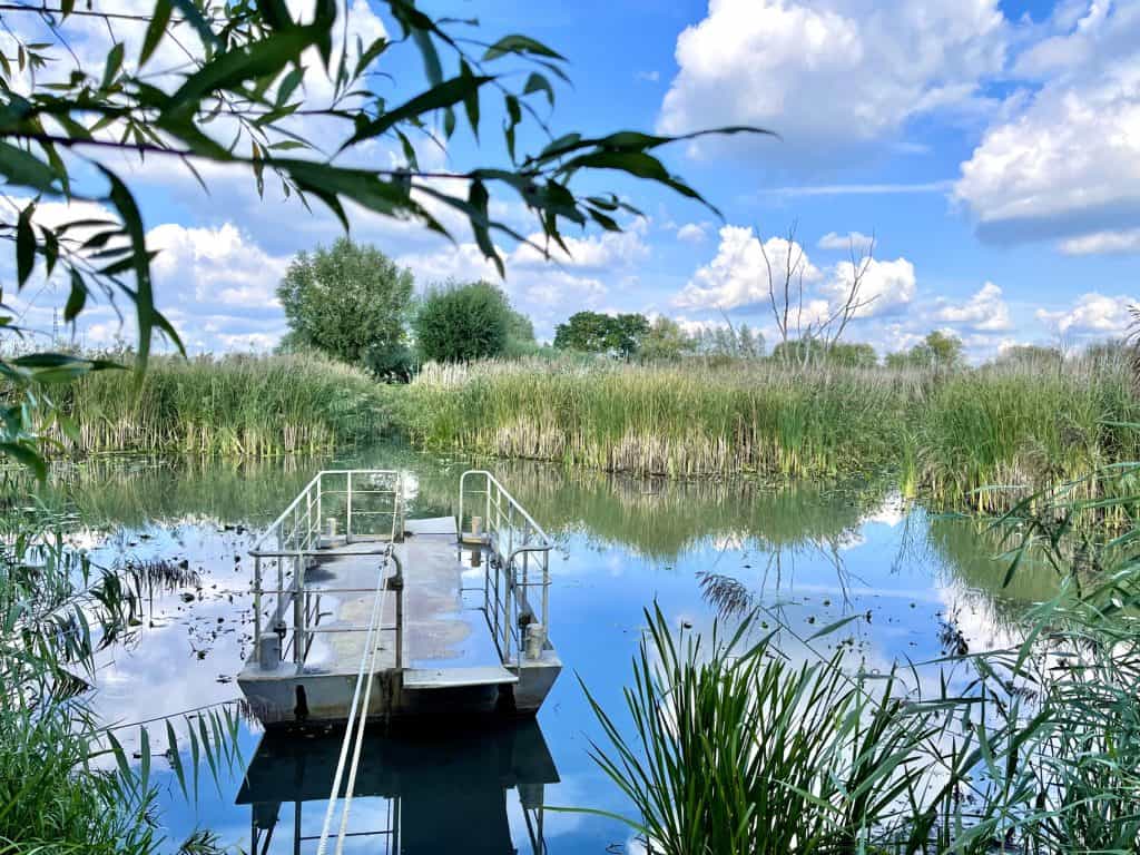 Vaarverbinding over de rivier met uitzicht op natuur en blauwe hemel.