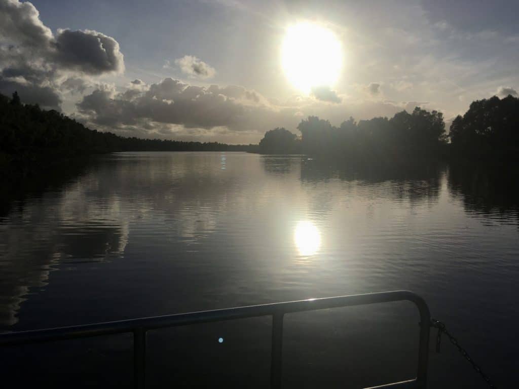 Zonsondergang boven water met silhouetten van bomen en een bootrand.