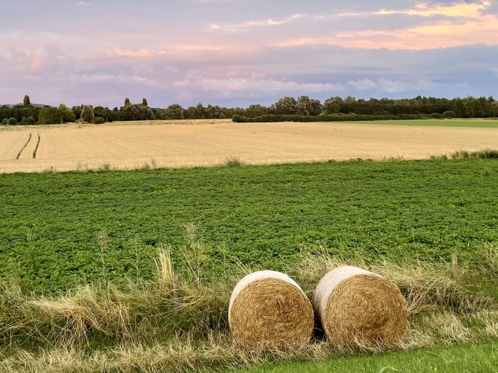 Rustig landschap met hooibalen en uitgestrekte velden.