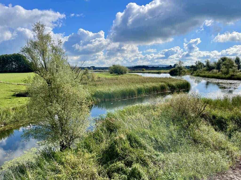 Natuurlijke rivierlandschap met groene oevers en blauwe lucht.