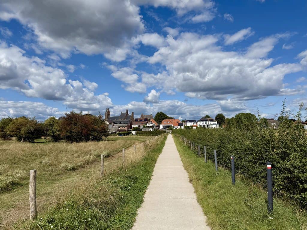 Pad naar het dorp met groene velden en huizen onder een blauwe hemel.