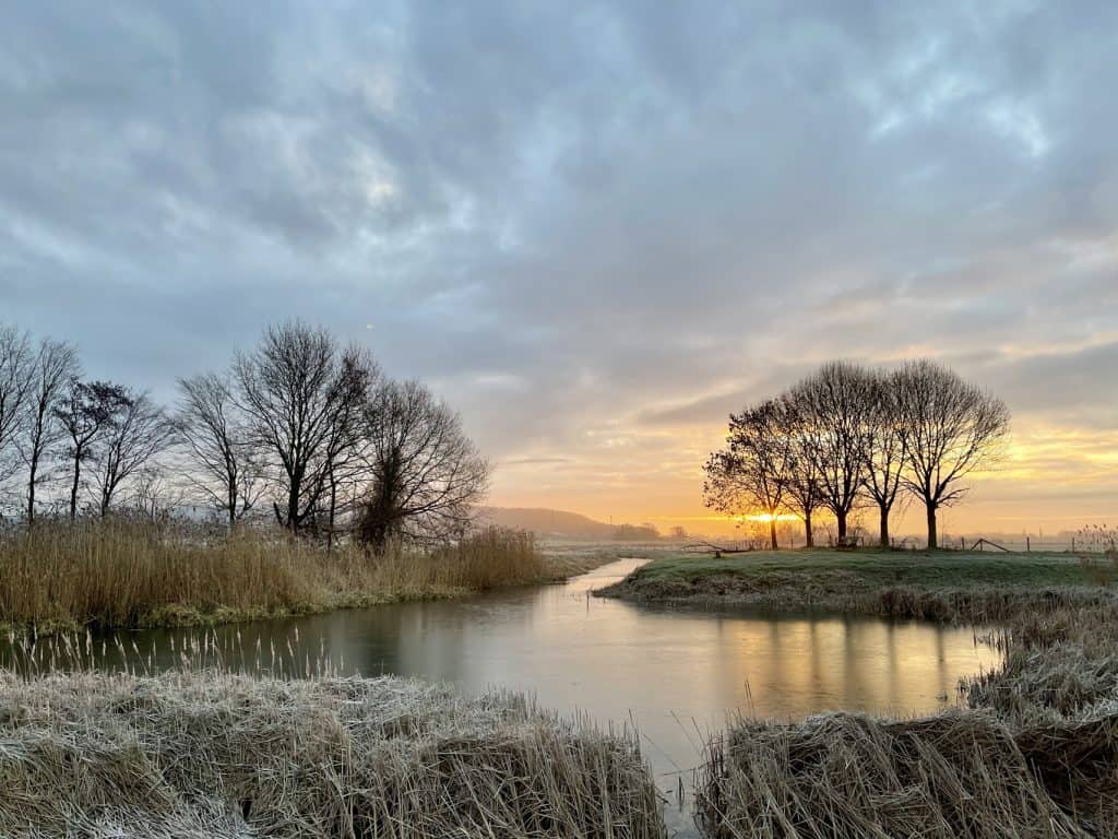 Natuurfoto van 't Gelders Eiland met rivier en bomen bij zonsondergang.