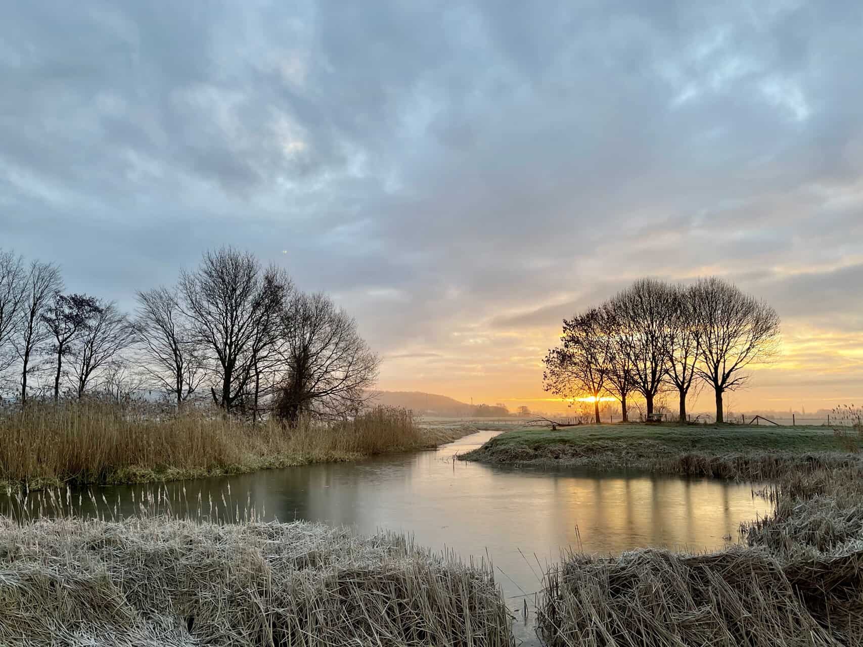 Rustig landschap met rivier, bomen en zonsondergang op 't Gelders Eiland.