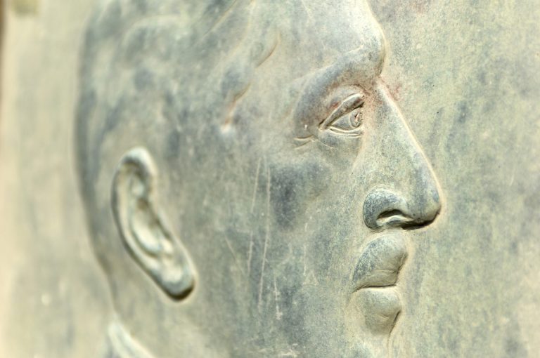Zicht op een bronzen beeld van een man op 't Gelders Eiland, met focus op het profiel en details van.