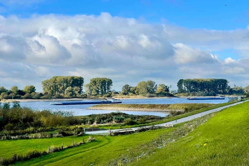 Uitzicht op het Gelders Eiland met rivier, groene oevers en een heldere hemel.