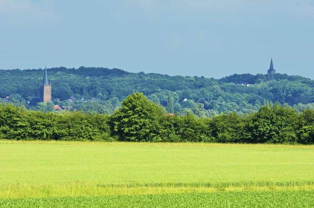 Landschap met groene velden en kerktorens in Gelderse Eilanden.
