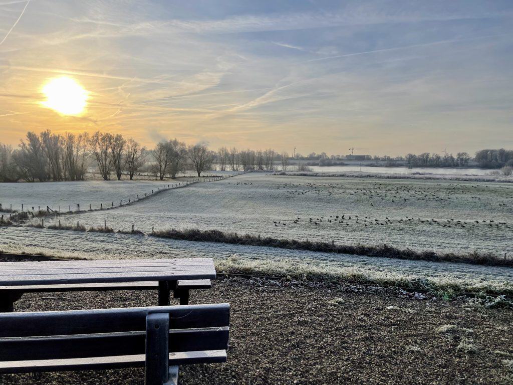 Zonsopgang boven een winterlandschap met bomen en velden.