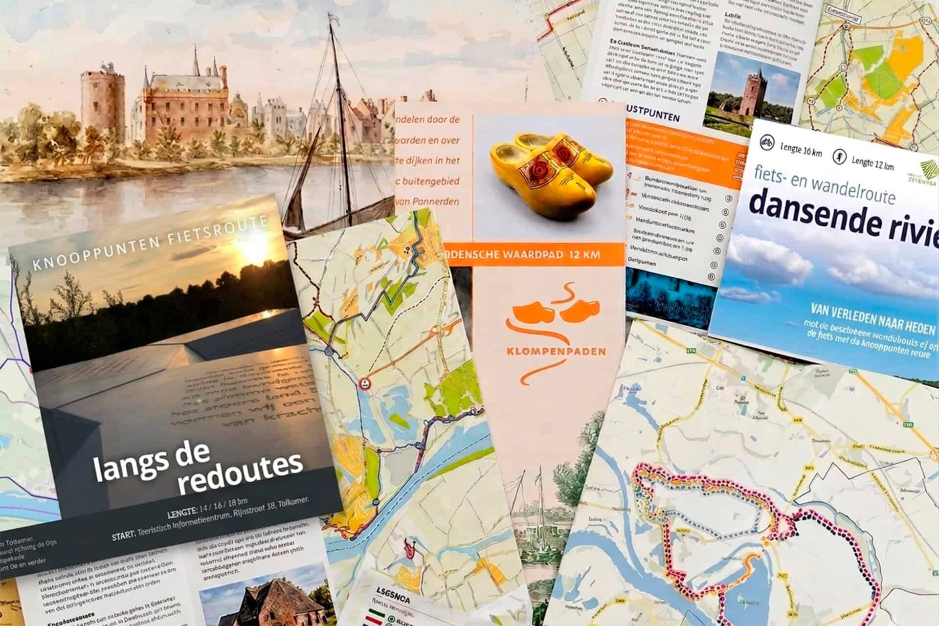 Informatiepakket met kaarten, brochures en wandelroutes op 't Gelders Eiland.