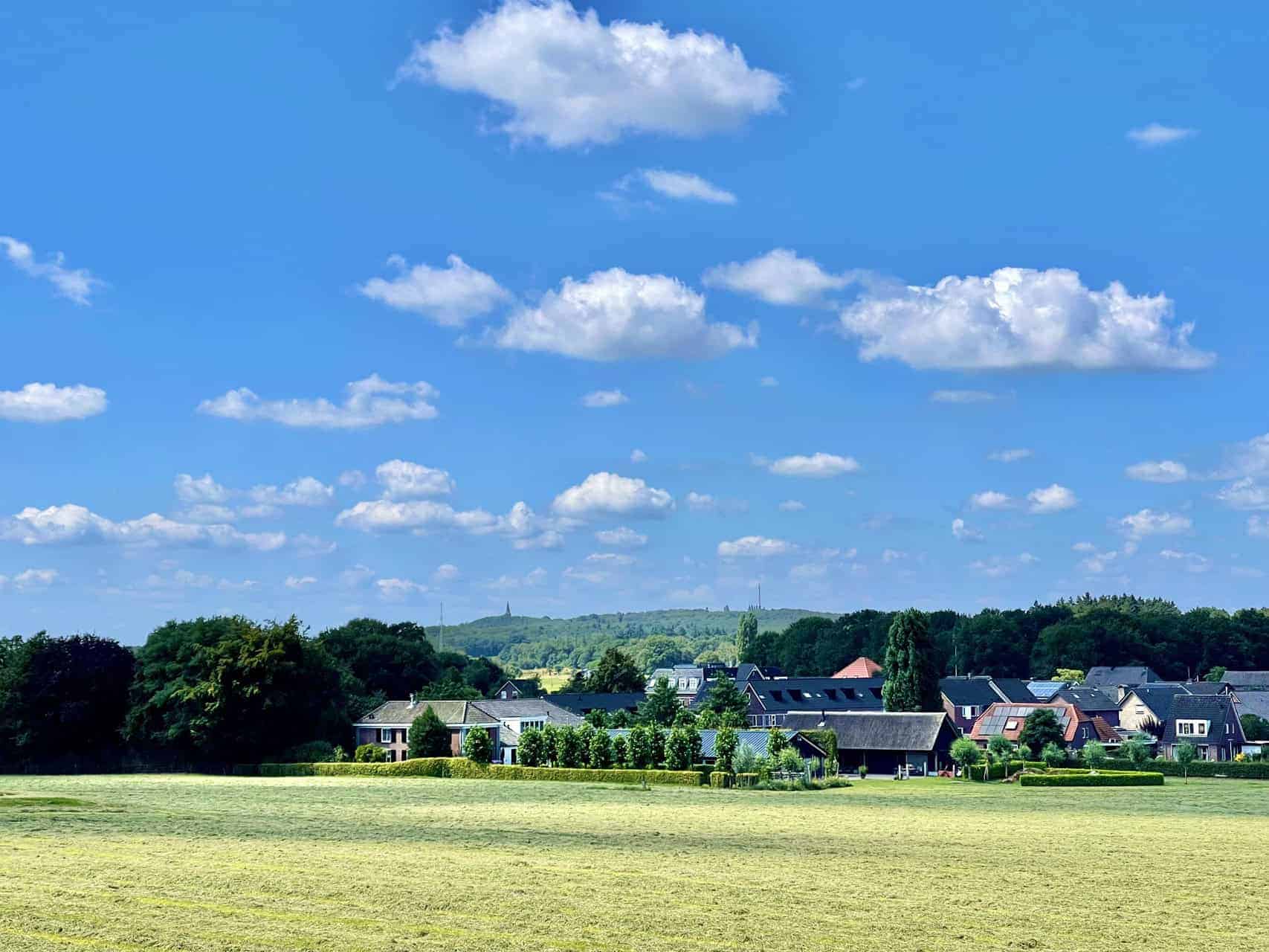 Uitzicht op het landschap van 't Gelders Eiland met huizen en groene velden.