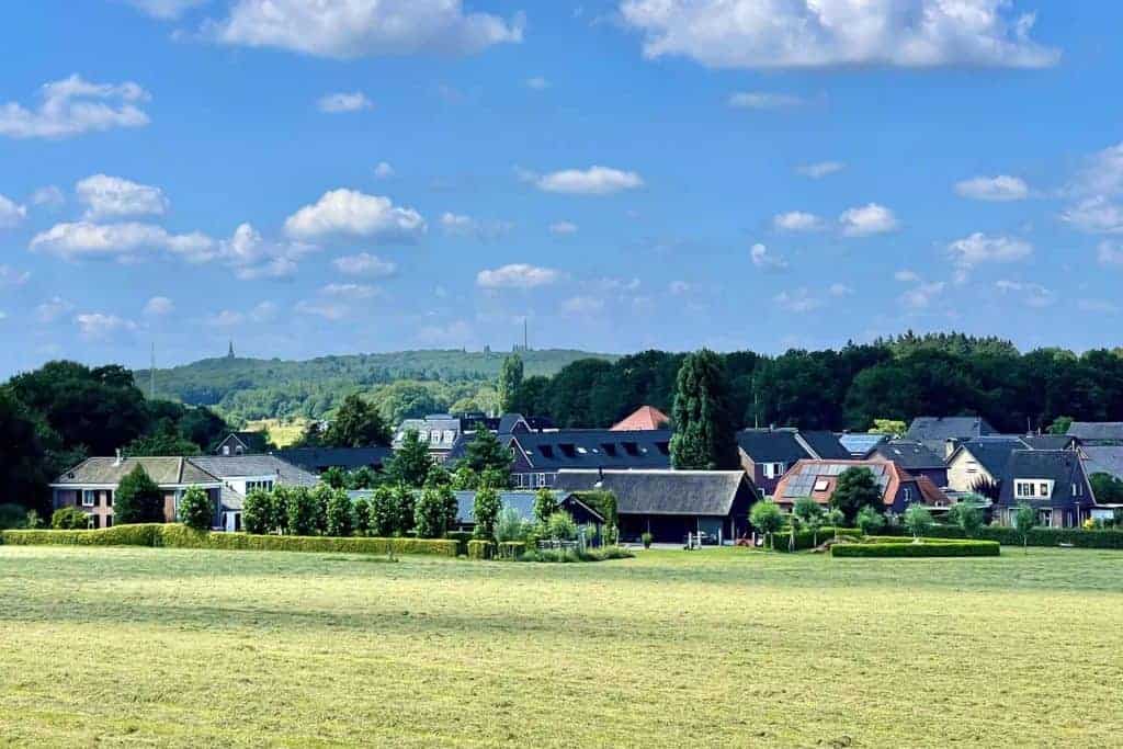 Landschap met huizen, groene velden en blauwe lucht op 't Gelders Eiland.