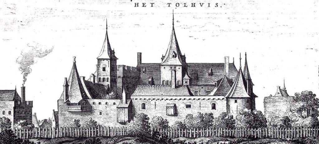 Oud gravure van een kasteel op 't Gelders Eiland met torens en omringende muur.
