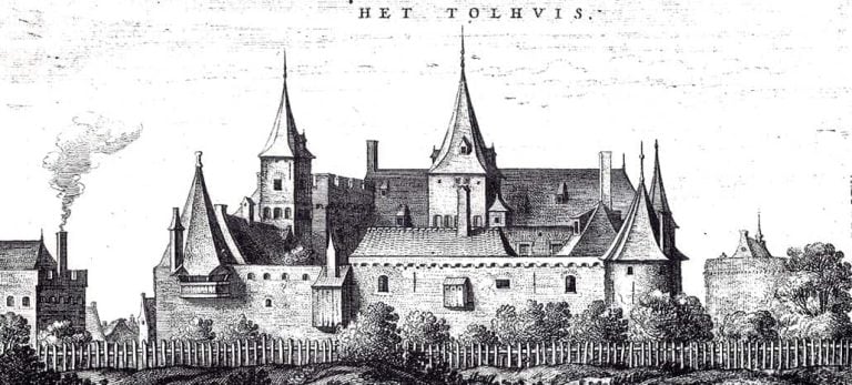 Oud gravure van een kasteel op 't Gelders Eiland met torens en omringende muur.