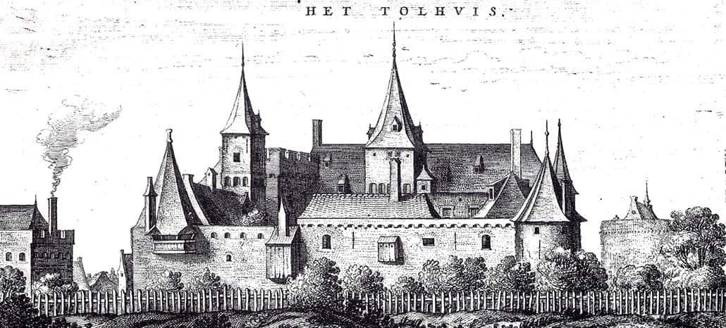 Oud gravure van een kasteel op 't Gelders Eiland met torens en omringende muur.