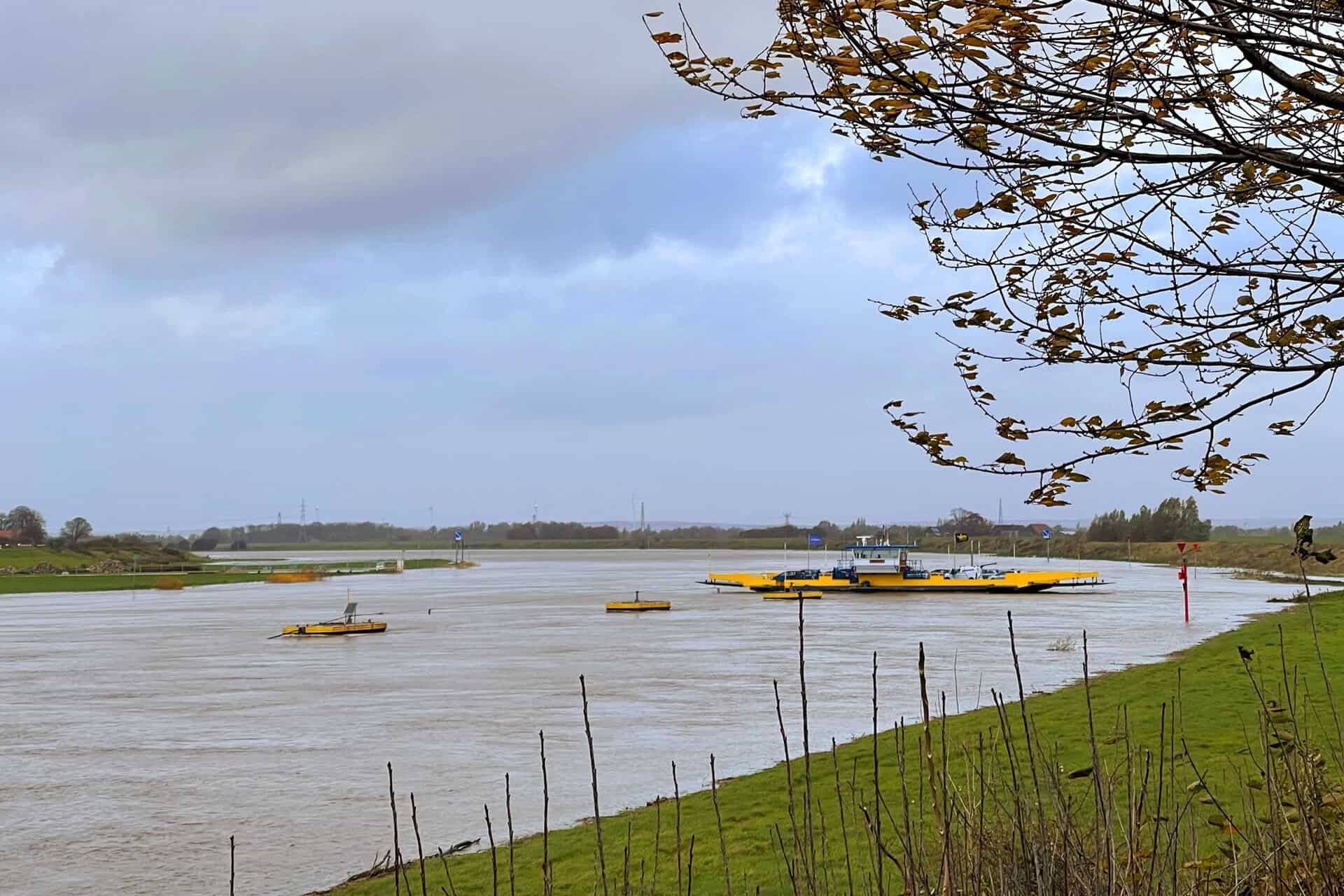 Uitzicht op de rivier op 't Gelders Eiland met boten en groene oevers.
