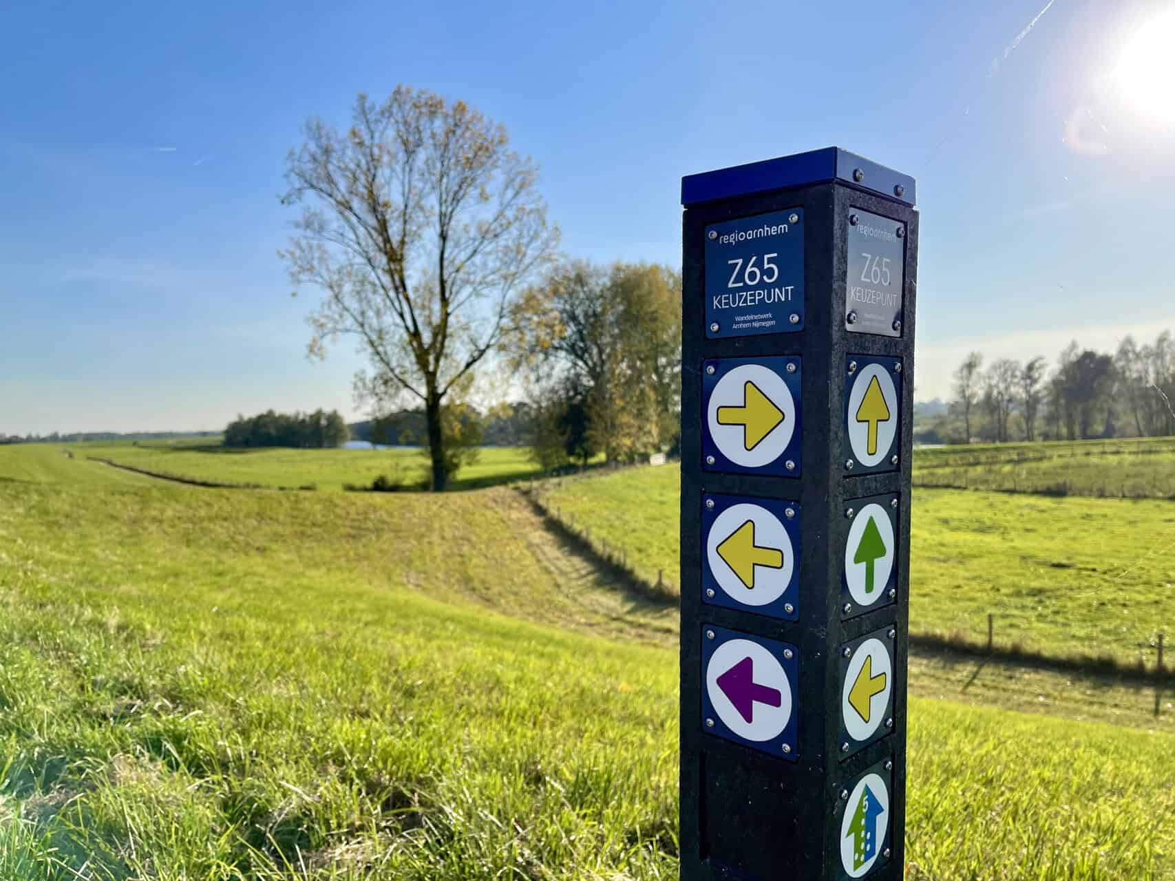 Wandelnetwerkkaart met routewijzers op 't Gelders Eiland in de natuur.